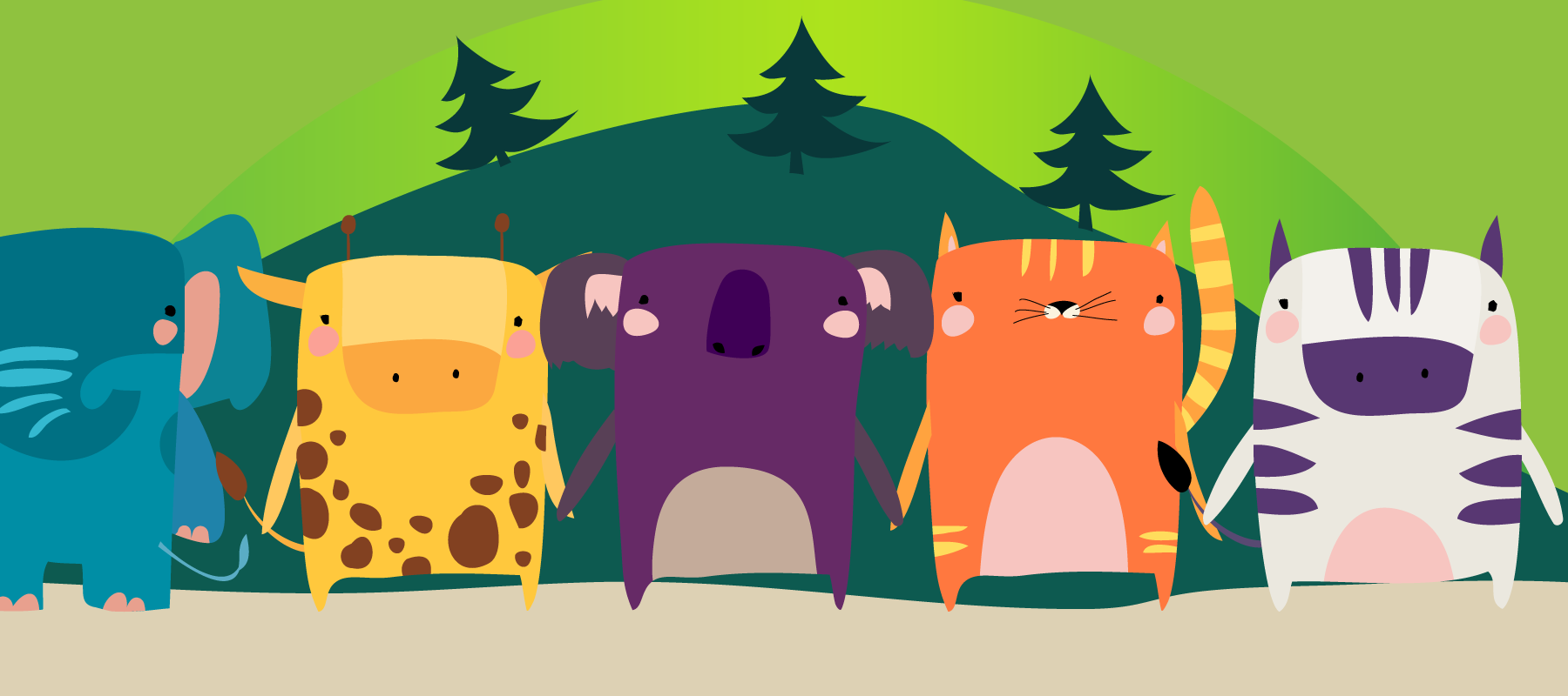 Illustration: Illustration: on a green background, five cute animals lined up, left to right: Elephant, Giraffe, Koala, Cat, Zebra