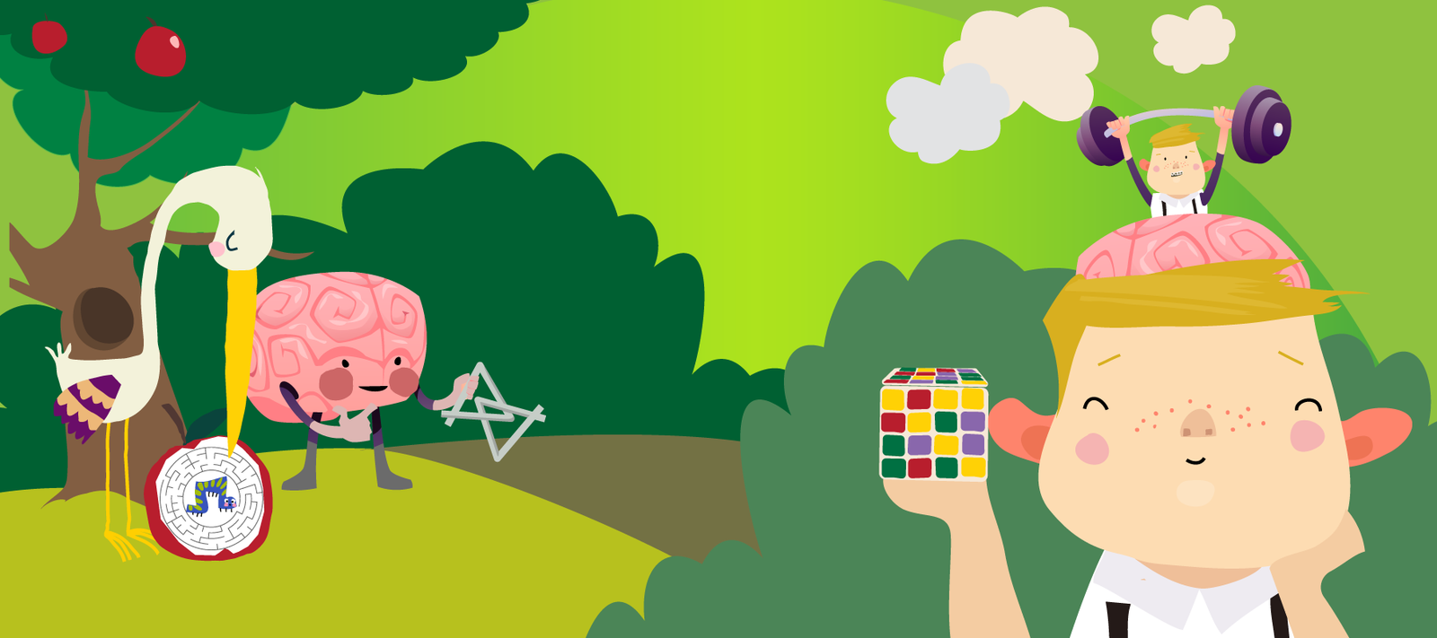 Illustration: A bird with a maze, a brain with a tavern puzzle, a boy with a speed cube