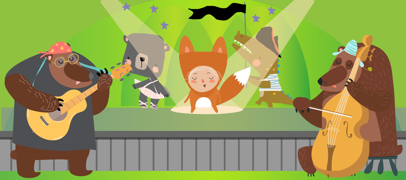 ILLUSTRATION: In front of a stage, to the left a bear plays guitar, to the right a bear plays cello, on stage three figures perform under a spotlight.