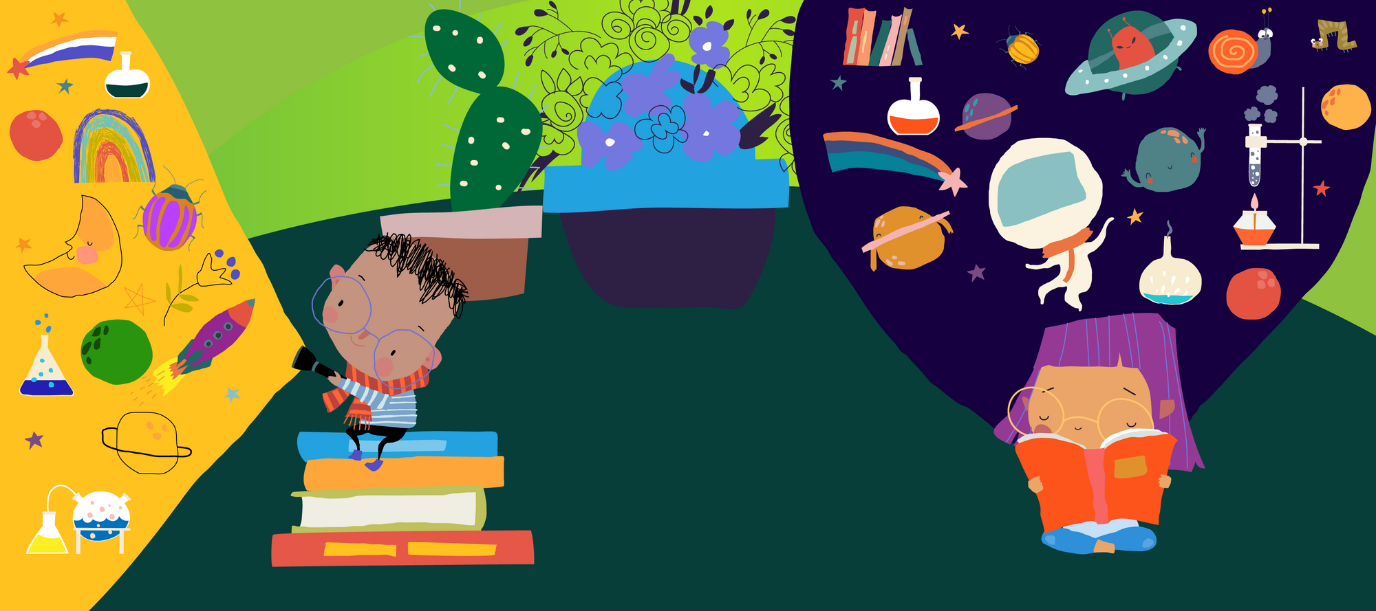 On the left, a child sits on a stack of books and shines a light that illuminates STEAM subjects, on the right a child reads a book and behind her a thought blurb shows science-ie things