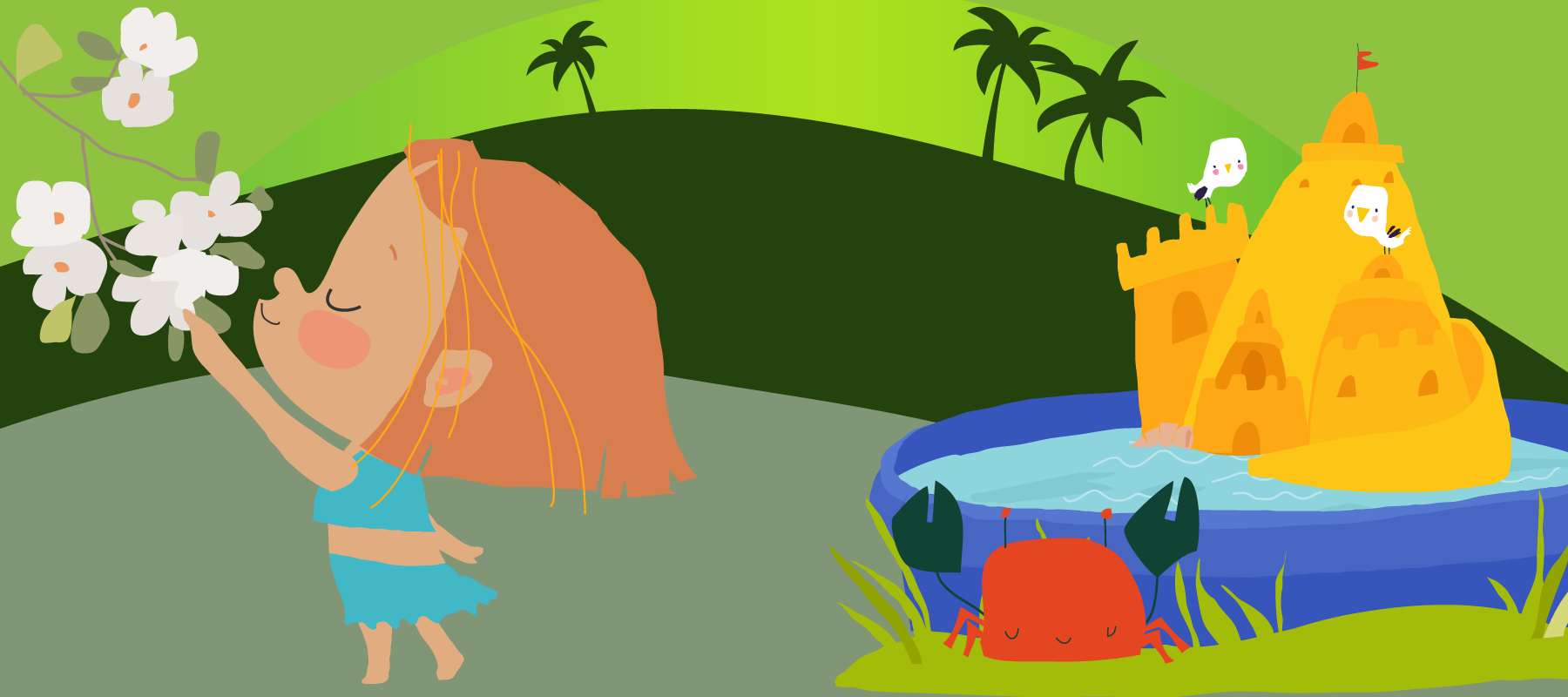 Illustration on a green background, child smells flowers with a swimming pool, sand castle, and crab in the background.