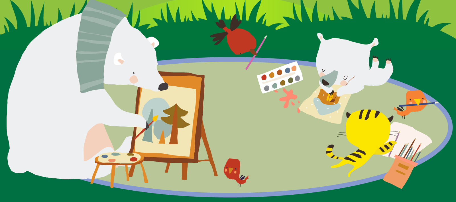 ILLUSTRATION: On a round carpet, two polar bears paint and a tiger draws