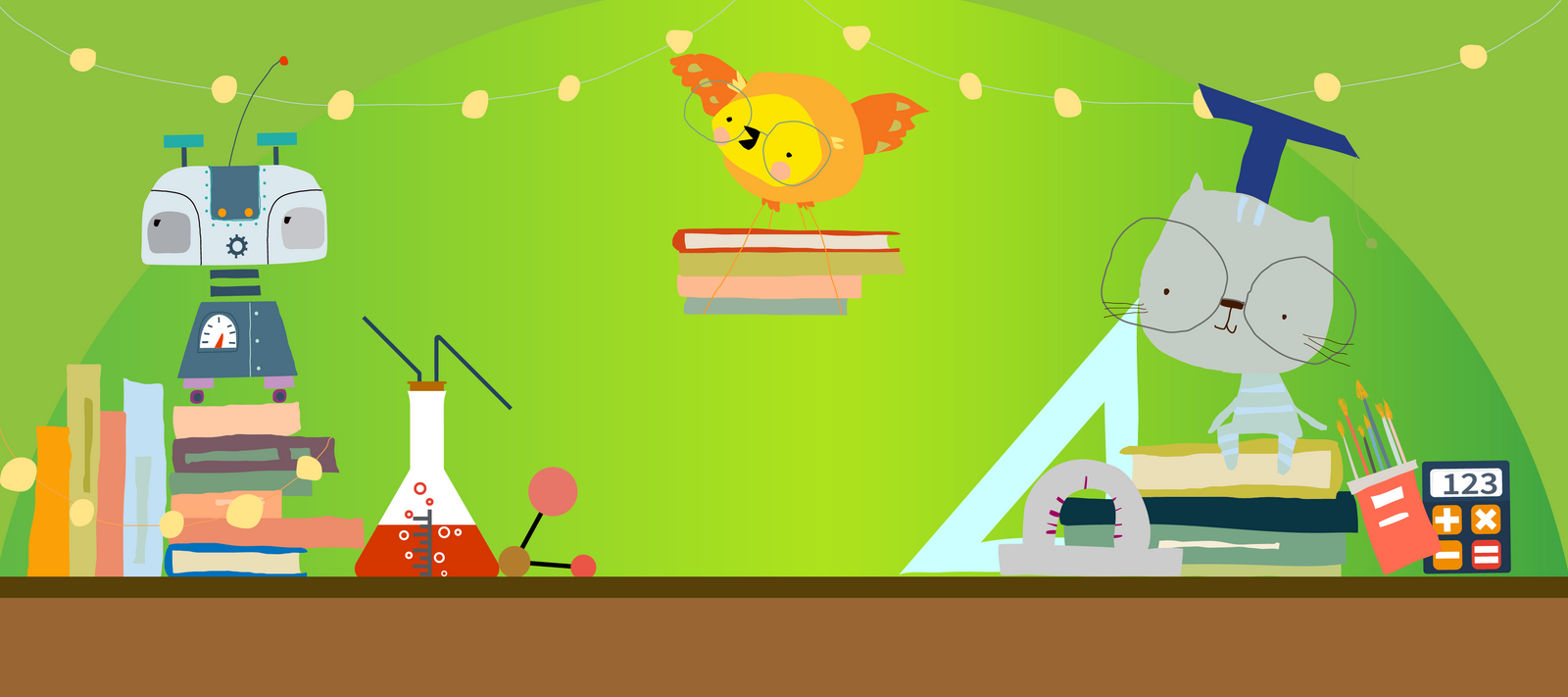 Illustration of things associated with STEAM education - books, beakers, atom model, triangle slide rule, calculator, art supplies, a robot, and books.