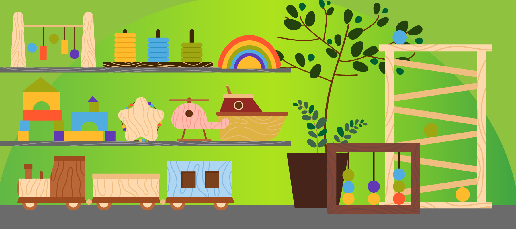 Illustration: Three shelves lined with wooden toys (blocks, train, boat, baby toy, rainbow, stacker, pendulum) with two other wooden toys to the right