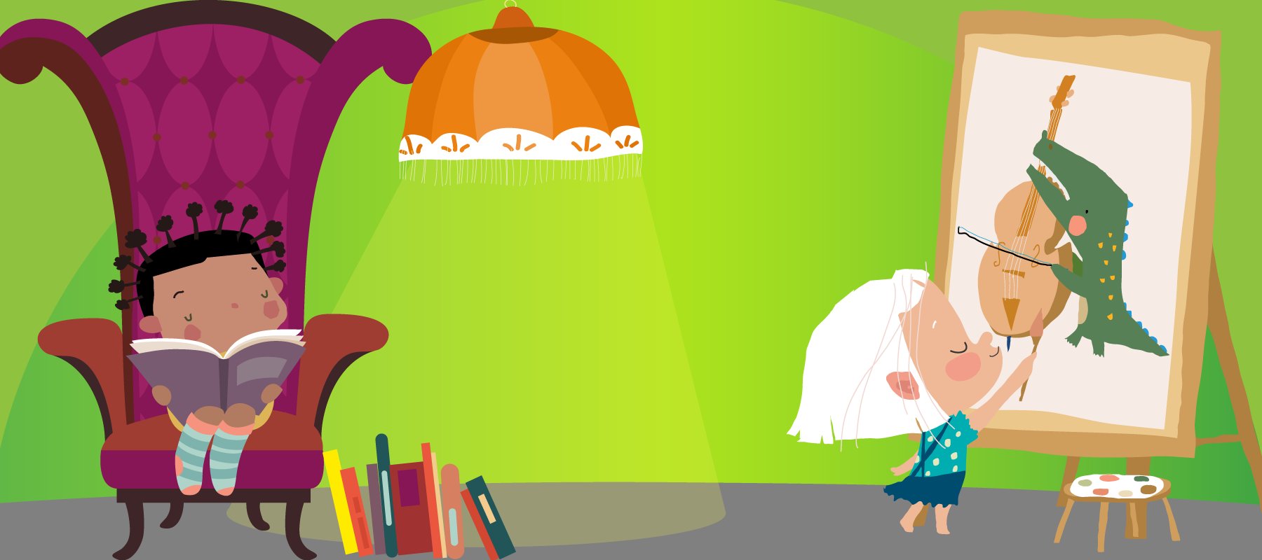 Illustration: on a green background, figure on right is painting a picture of an alligator playing upright bass, the figure on the left sits in a chair reading a book
