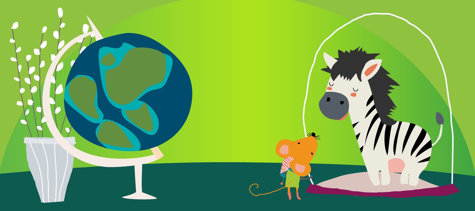 illustration on a green background, globe on the left, and a mouse viewing a zebra in a snow globe on the right.