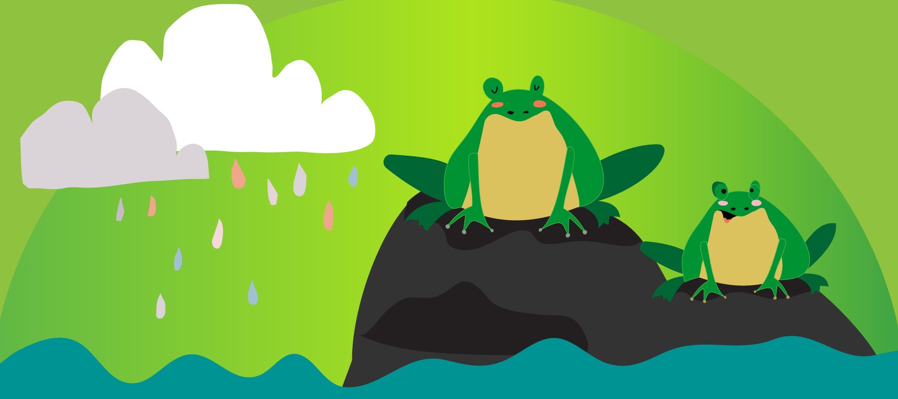 Illustration on a green background - two frogs sit on rocks with a rain cloud raining down multicolored drops.