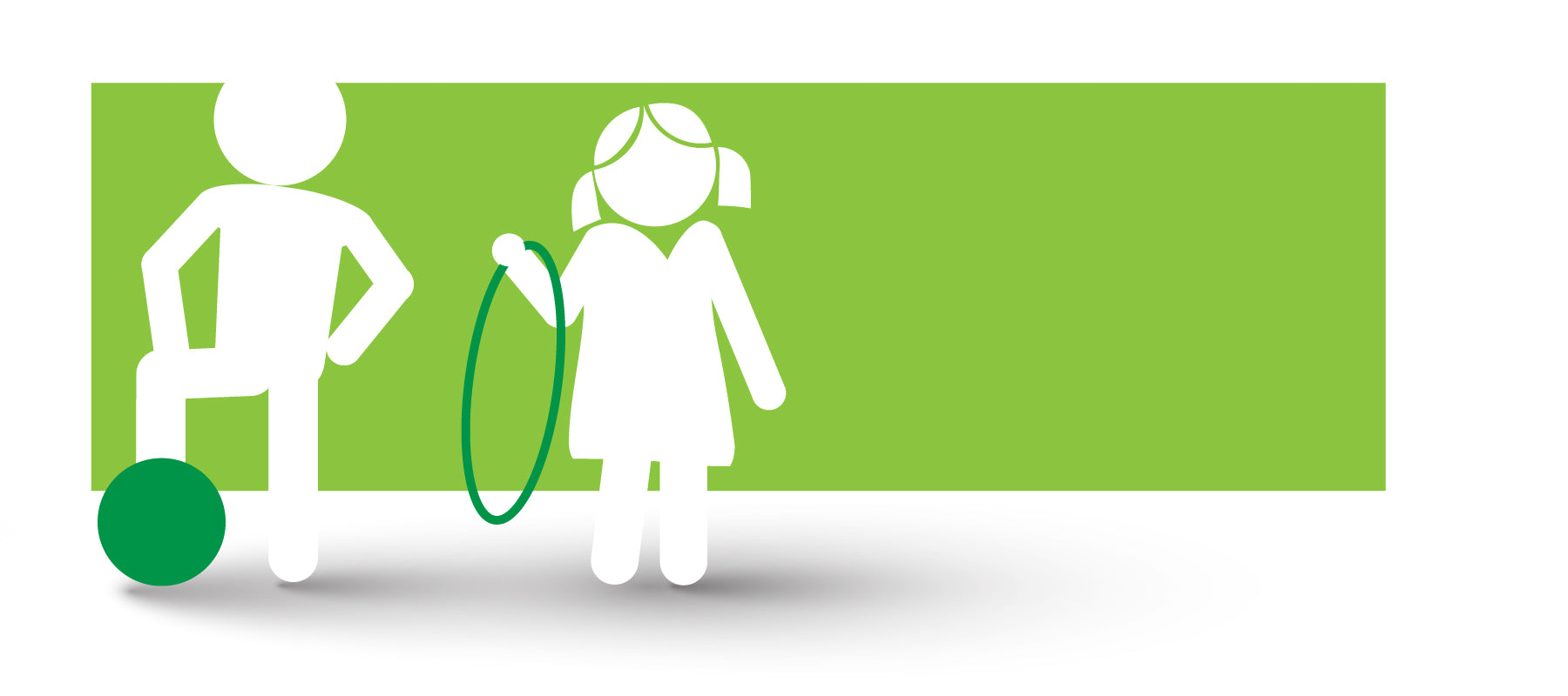 Two white figures silhouetted against a green background—one with a foot on a ball, the other holding a hula-hoop
