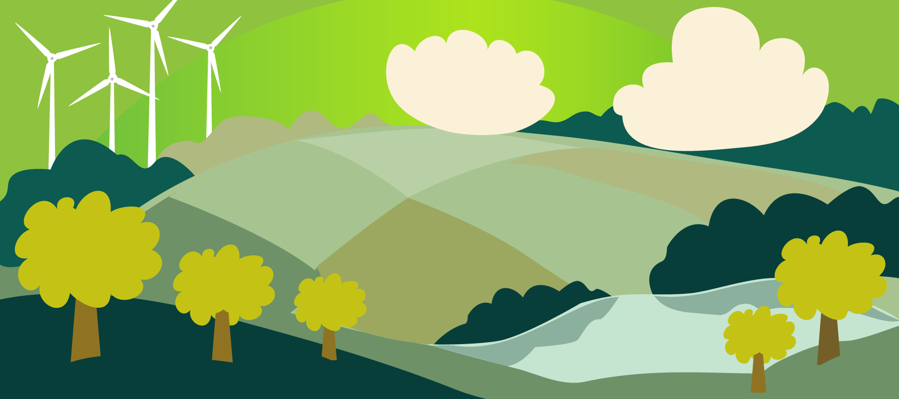 Illustration: Green fields, trees and a picturesque stream with wind turbines in the background