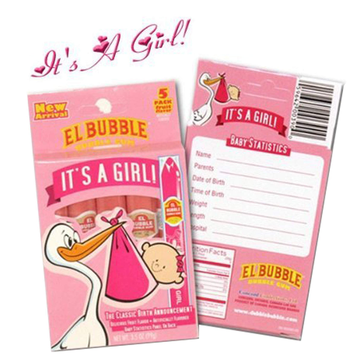 Front and rear view of the Bubble Gum Cigar-It&#39;s A Girl!-5 Pack showing panel for baby statistics.