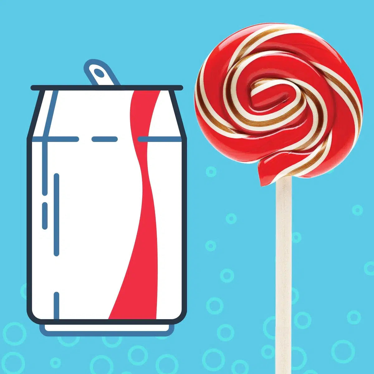 Front view of a Hammonds Candies Cherry Cola Lollipop sitting next to a can of cola.