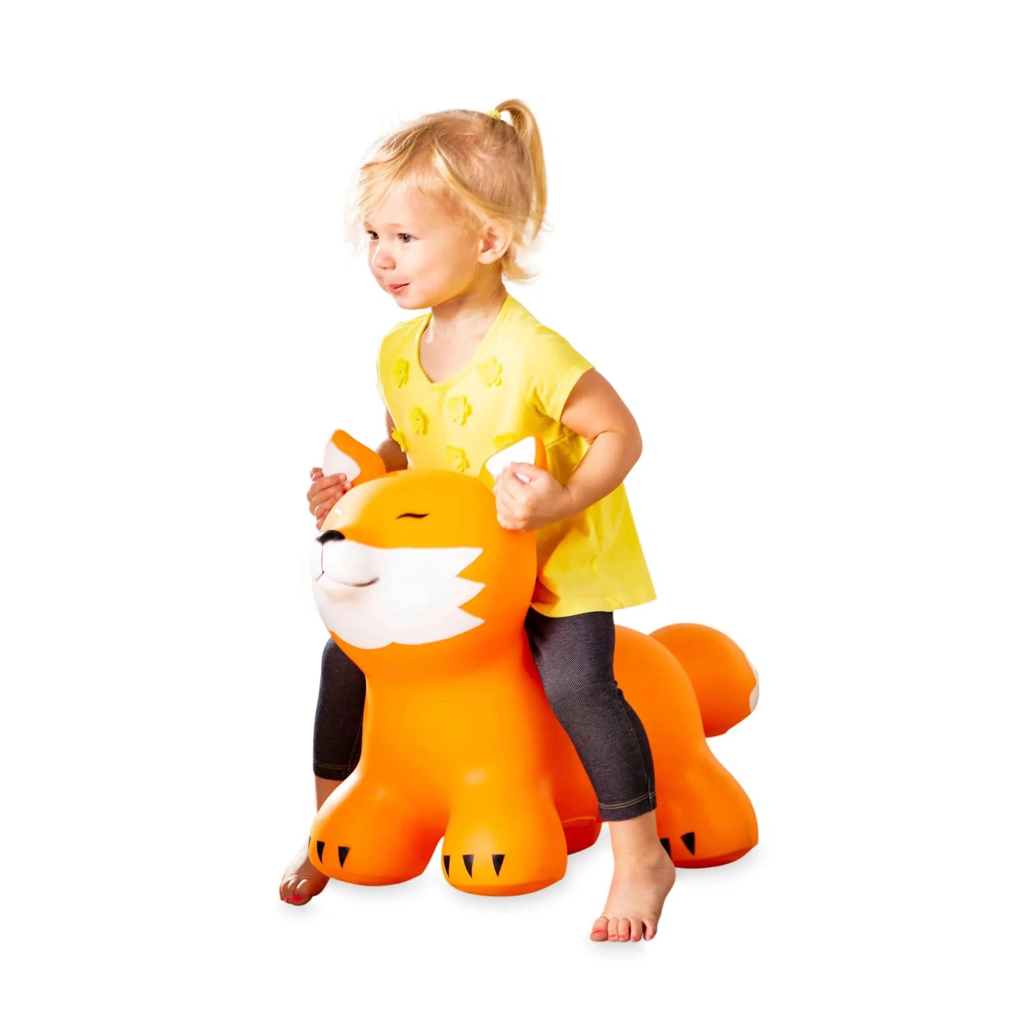Front view of Animal Jump Alongs-Fox with a young girl riding on it.