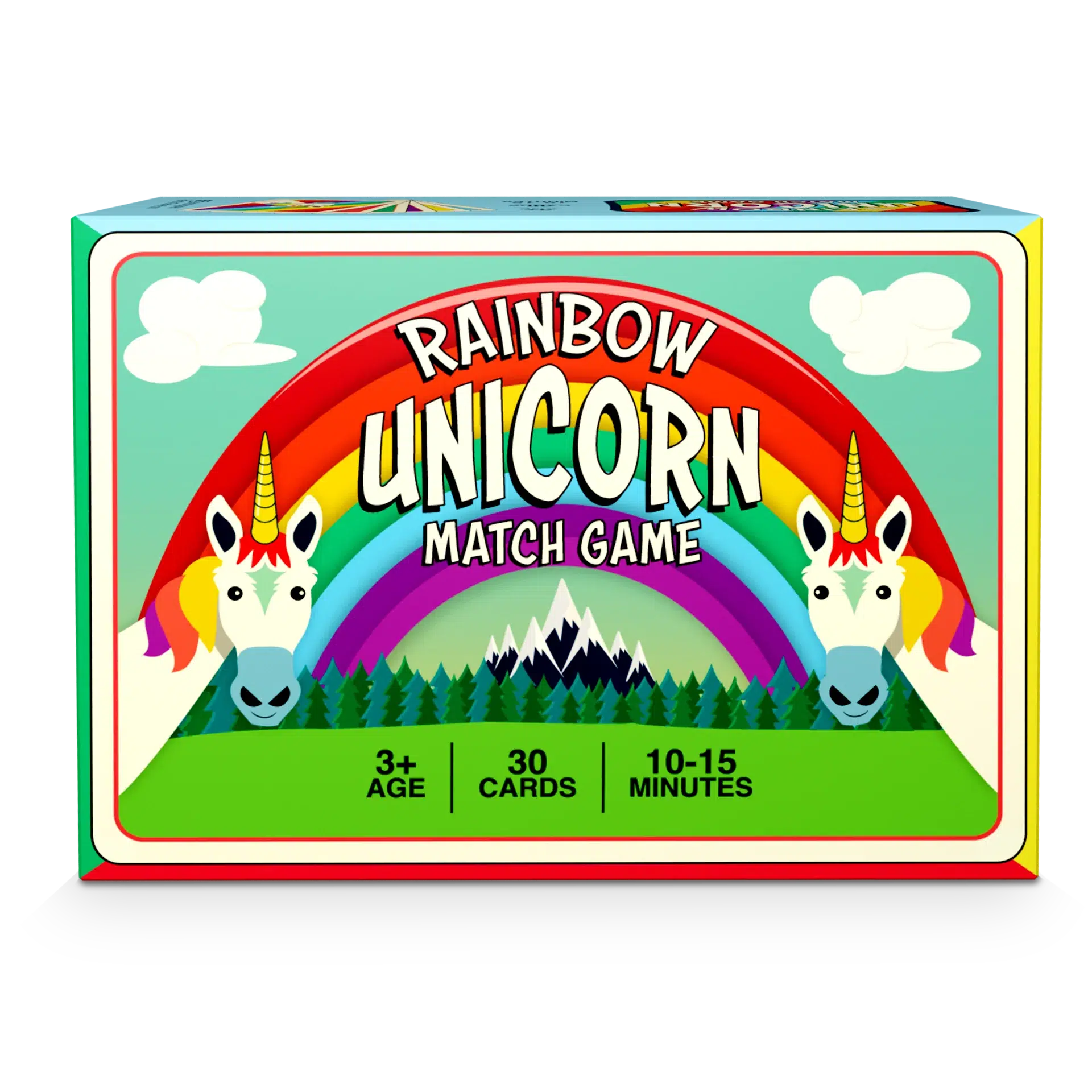 Front view of the rainbow unicorn match game in the box.
