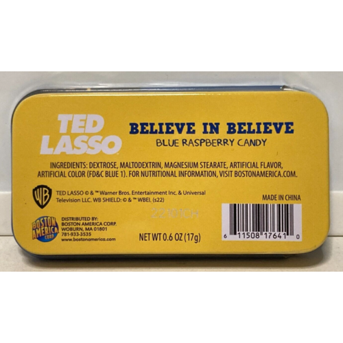Rear view of Ted Lasso Believe Tin.