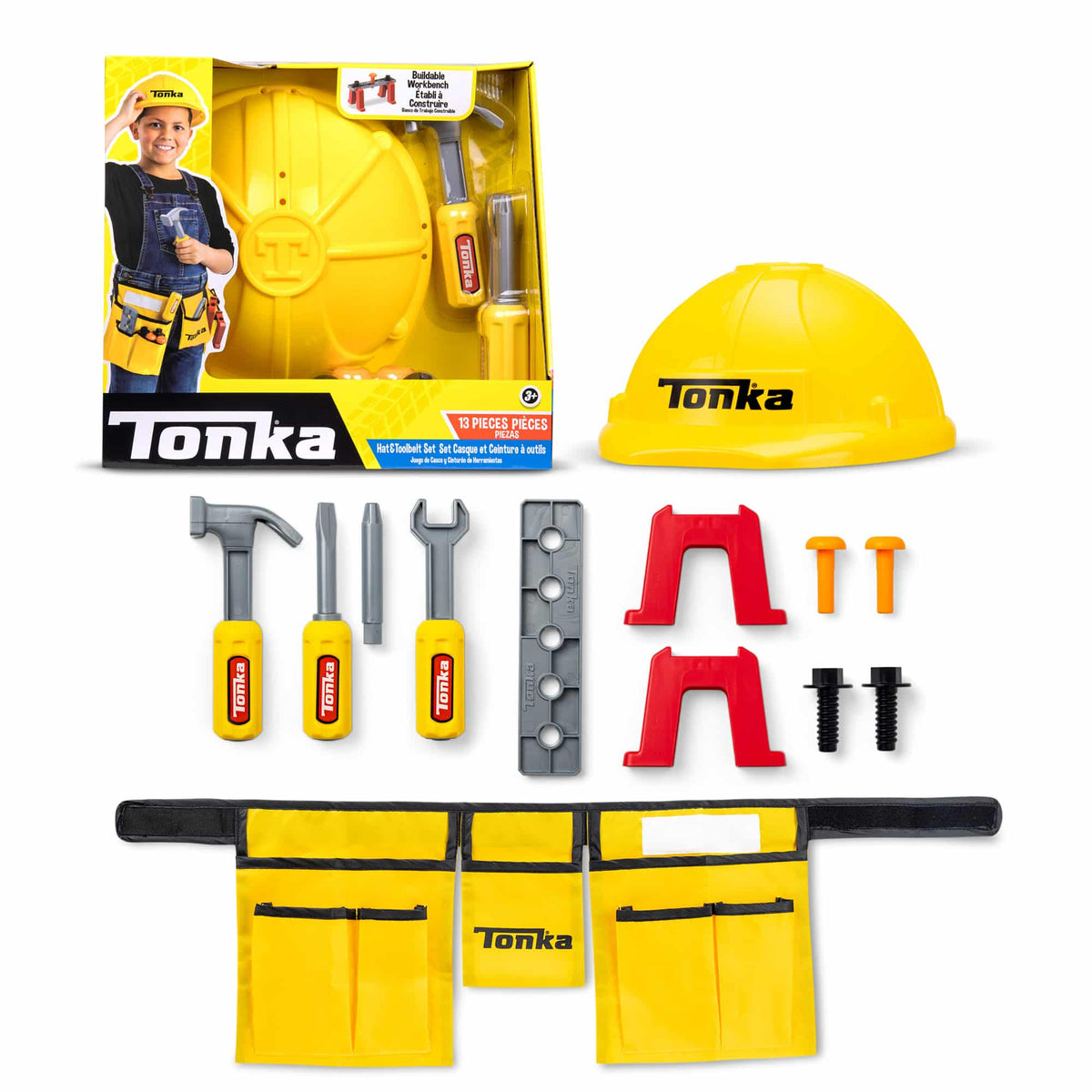 Front view of the Tonka Tough Tool Belt &amp; Hat Set with the box and all contents of box laid out.