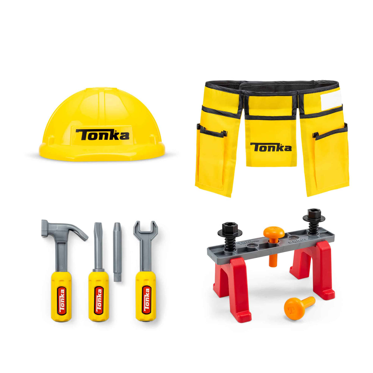 Front view of the contents from the Tonka Tough Tool Belt &amp; Hat Set laid out with buildable workbench put together.