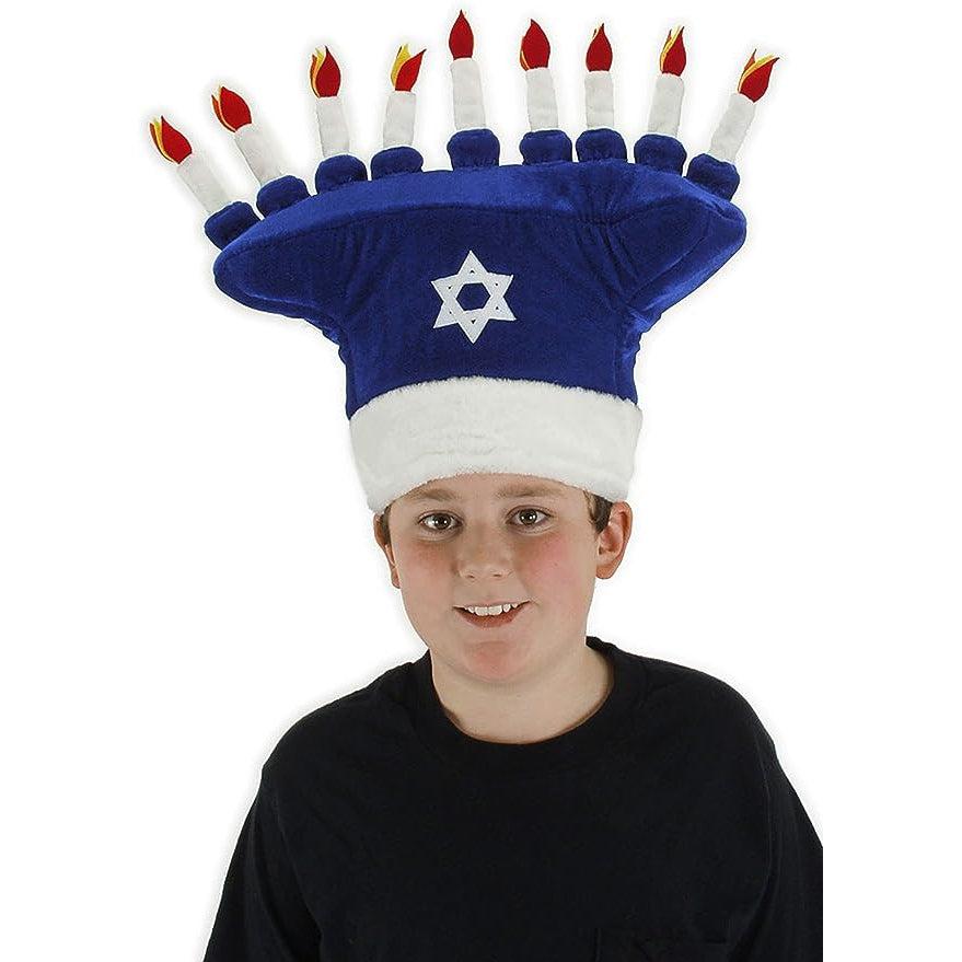 Front view of a boy wearing the Chanukah plush hat.