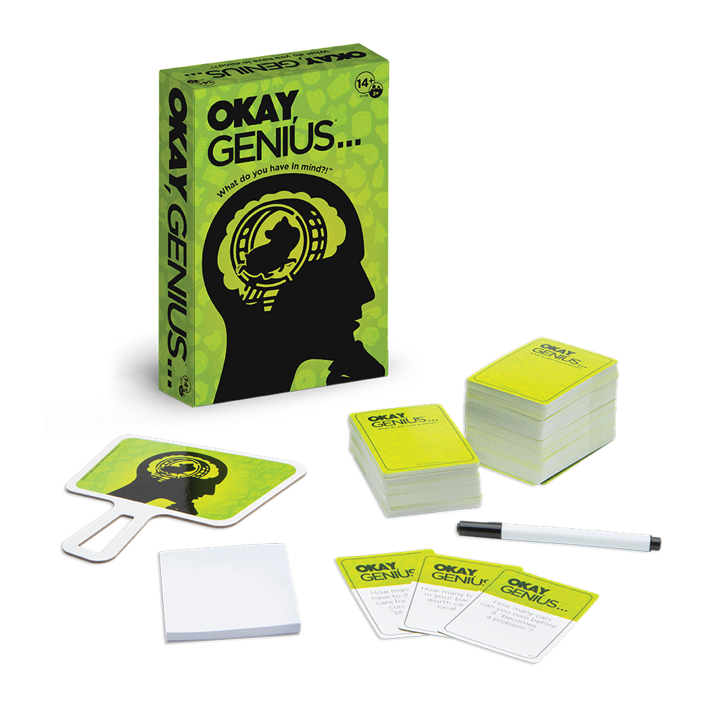 Image of the game box and its contents (cards, dry erase paddle and pen, pad of paper)