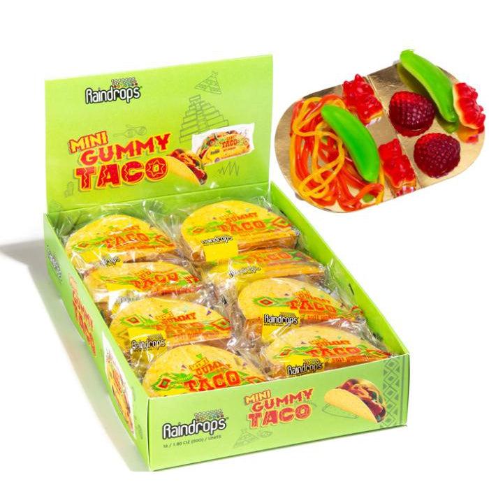 Front view of mini gummy tacos in the case, with a closeup of the inside of one gummy taco.