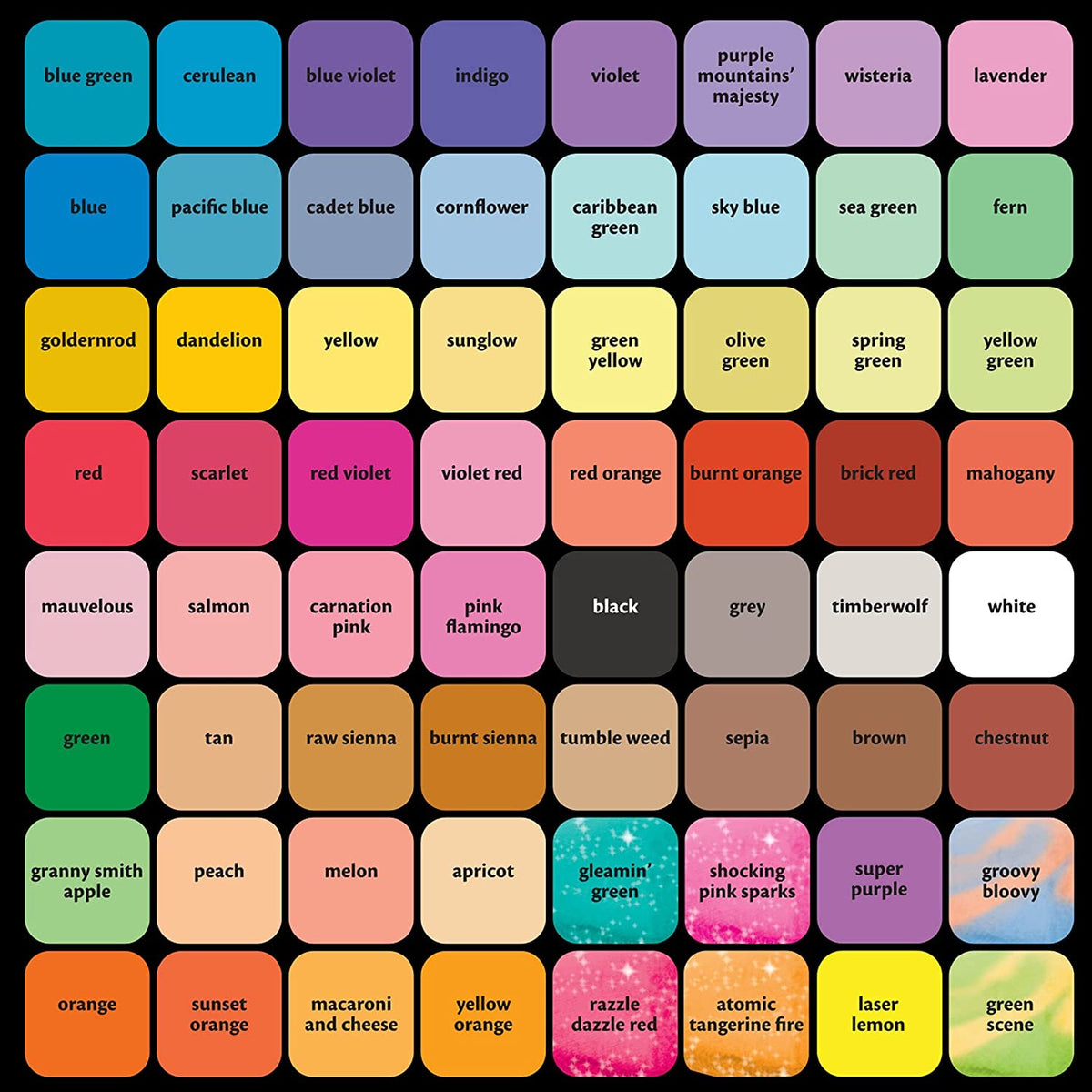Front view of a color chart showing all 64 colors of the Crayola 64 count Ultimate Washable Sidewalk Chalk.