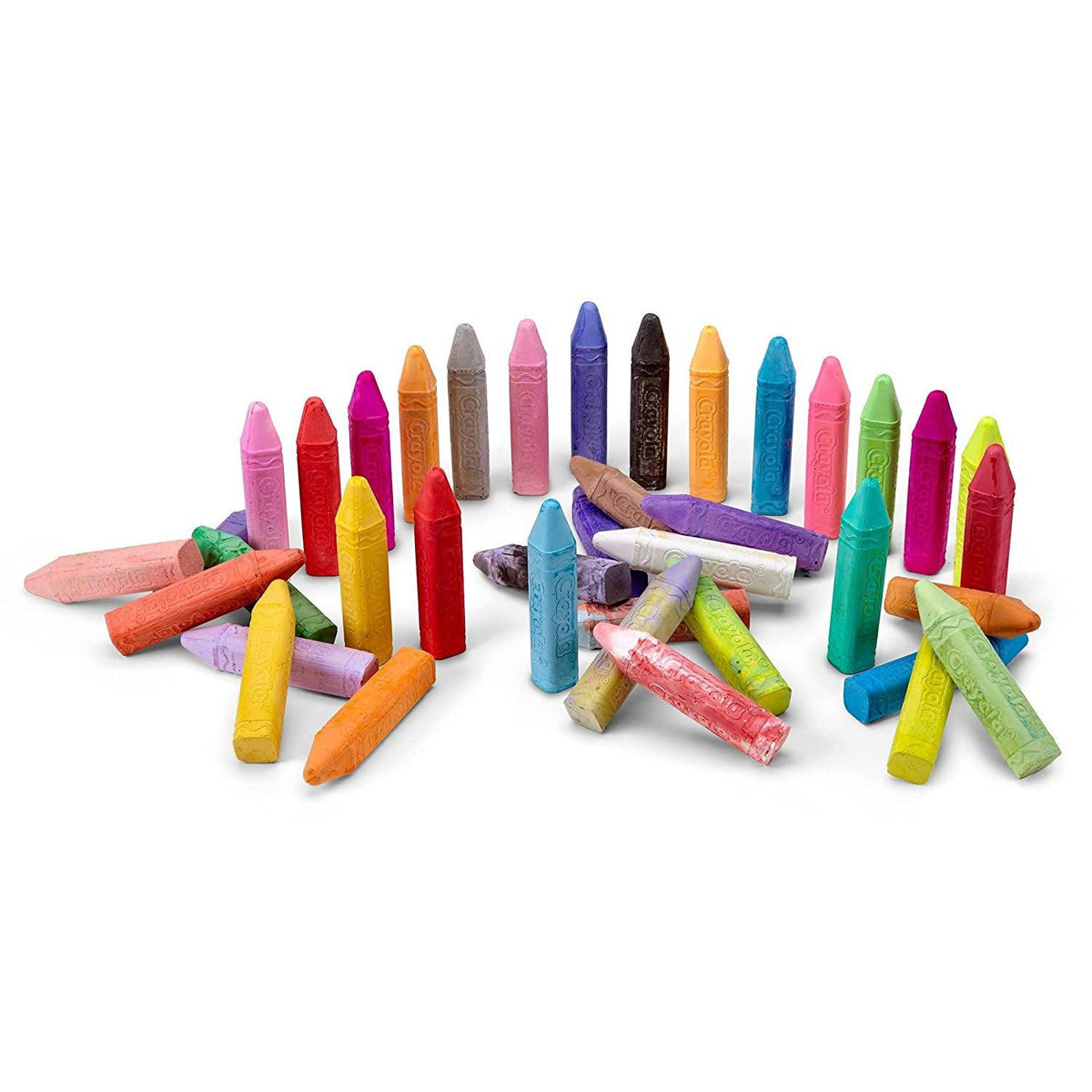 Front view of many sticks from the Crayon 64 count Ultimate Sidewalk Chalk collection standing straight up and laying on sides out of packaging.