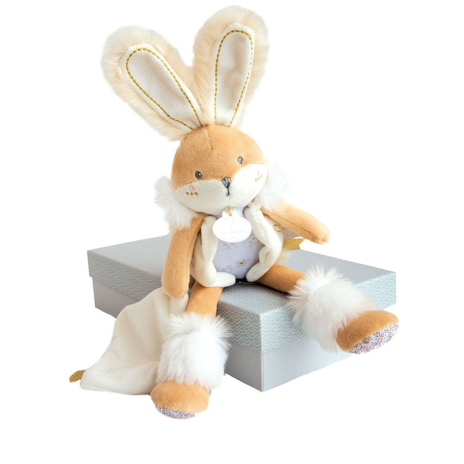 Front view of sugar bunny with blanket and box.