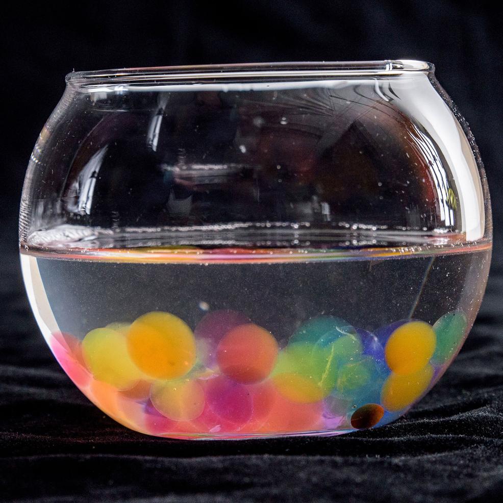 Front view of a bowl full of water with expanded water marbles at the bottom.