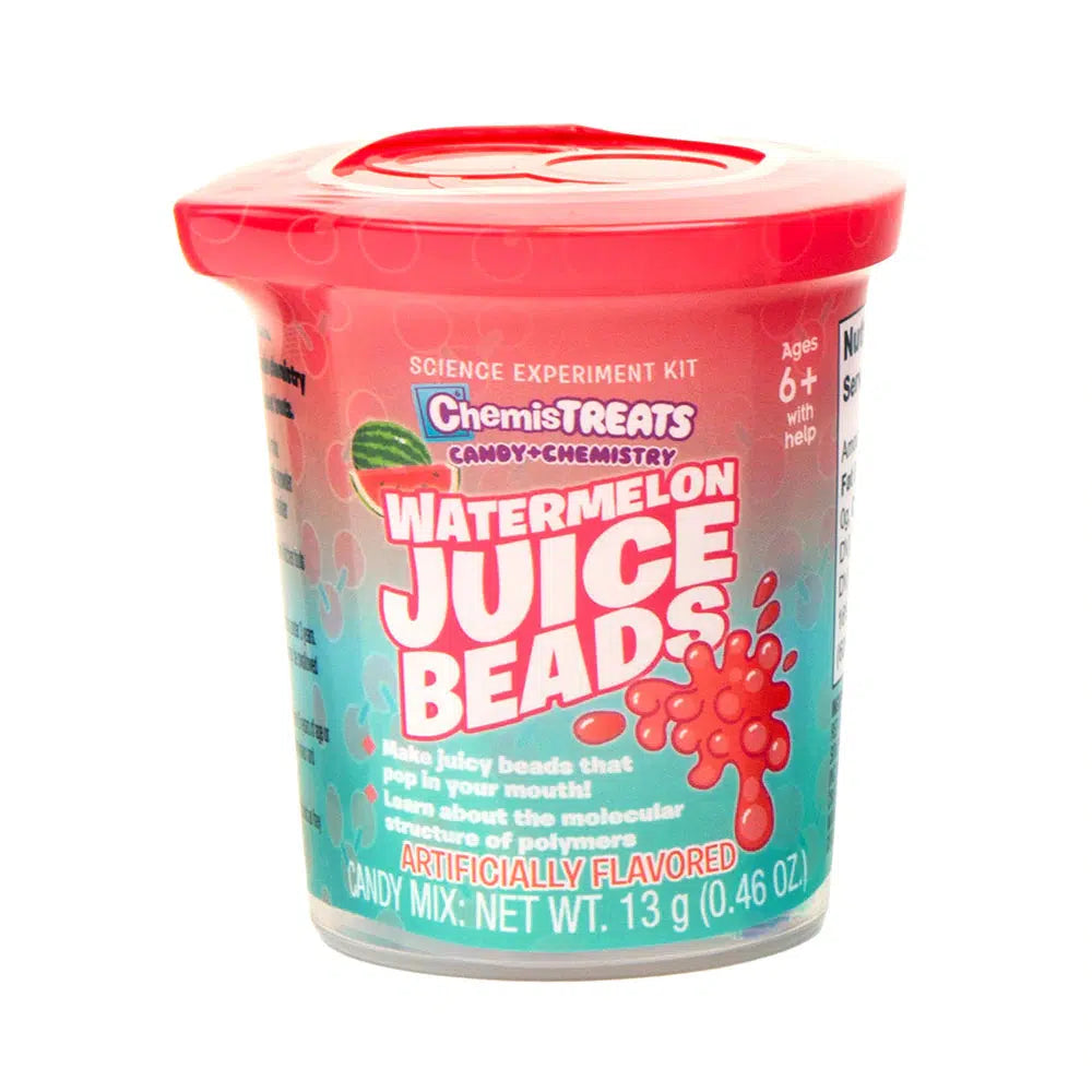 Front view of the watermelon juice beads from the  Chemistreats! Candy + Chemistry set in its container.