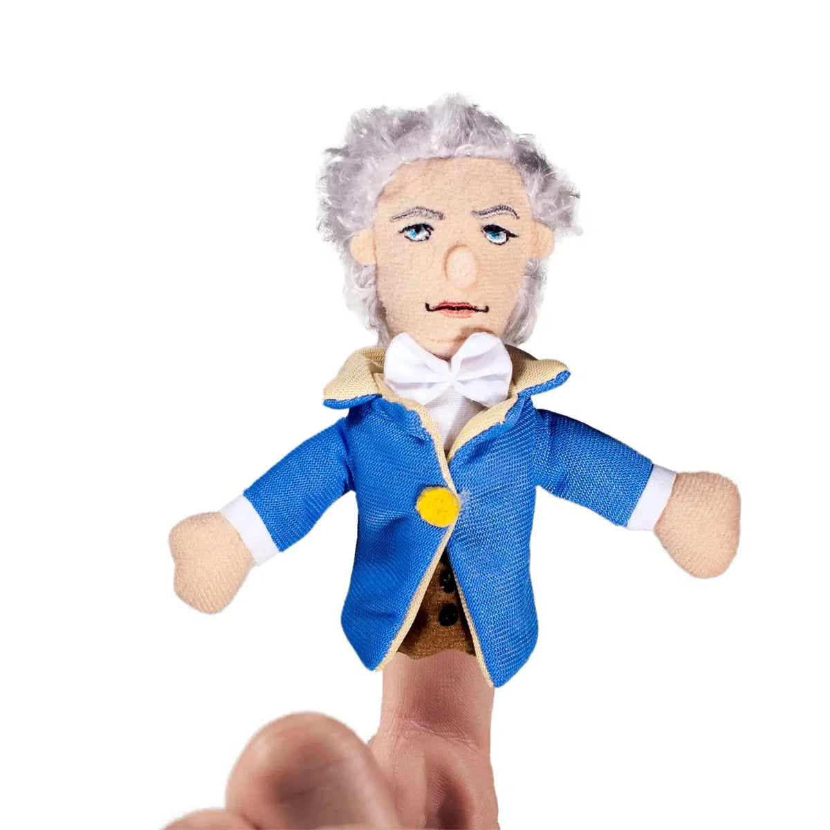 Front view of Alexander Hamilton&#39;s Magnetic Personality Finger Puppet on a person&#39;s finger.