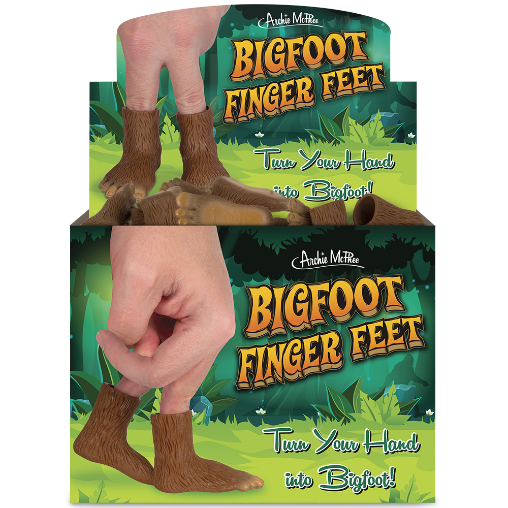 Front view of a display box of Bigfoot Feet finger puppets showing a hand 2 with 2 fingers inside of a left and right Bigfoot finger puppet.