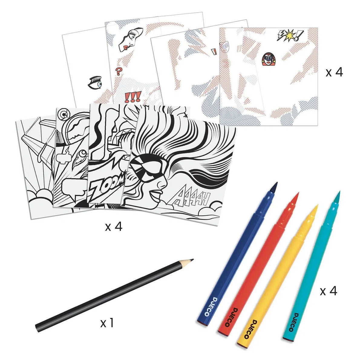 Front view of the contents included with the Superheroes Inspired by Lichtenstein Coloring and Rub-On Transfer Kit.
