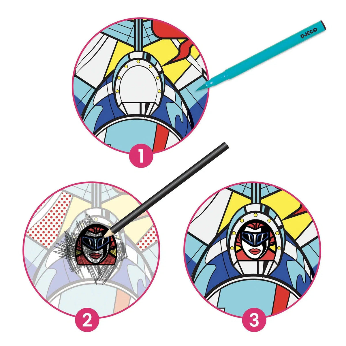 Front view of steps 1,2, and 3 of completing an illustration with the Superheroes Inspired by Lichtenstein Coloring and Rub-On Transfer Kit.