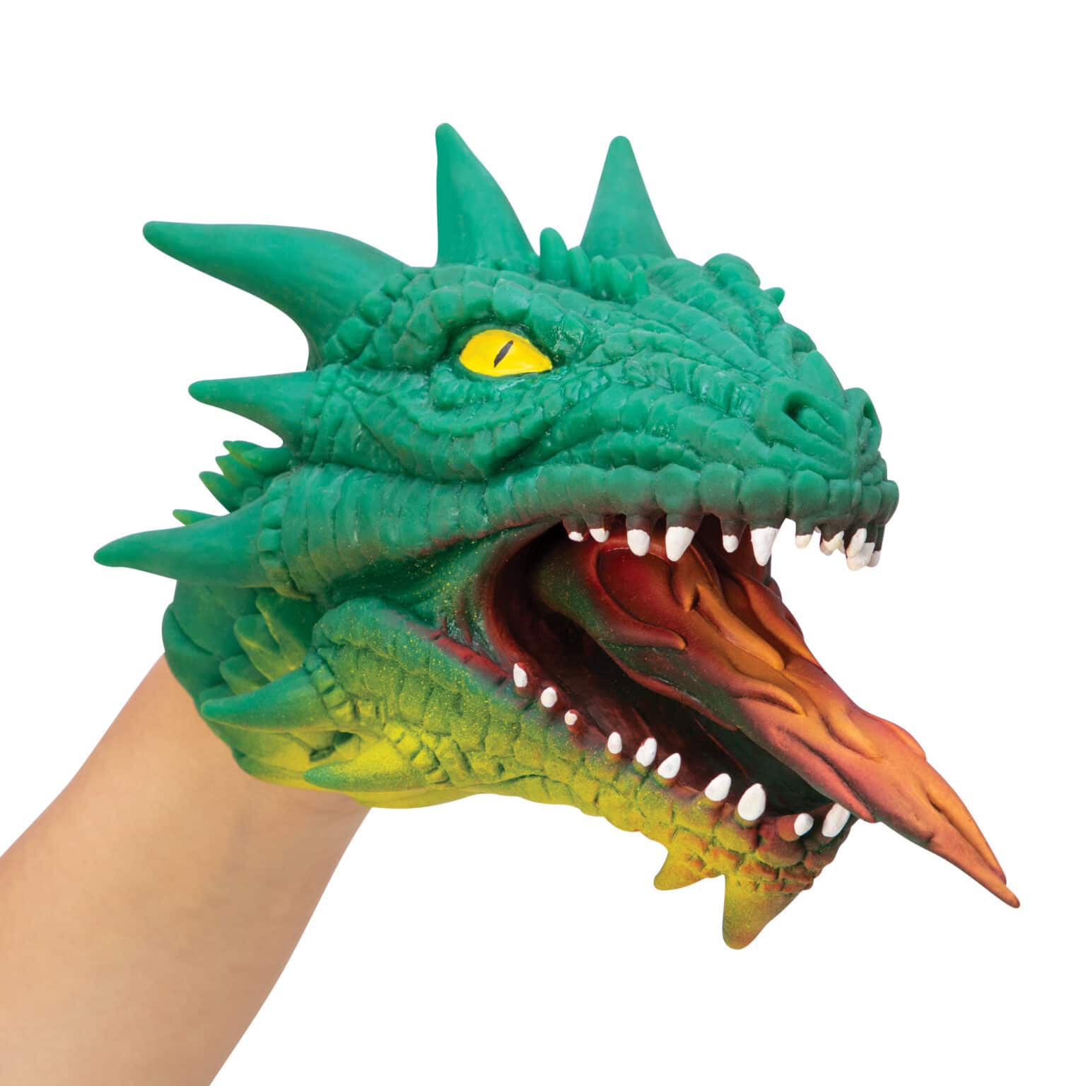 Front view of a green dragon hand puppet on a hand.