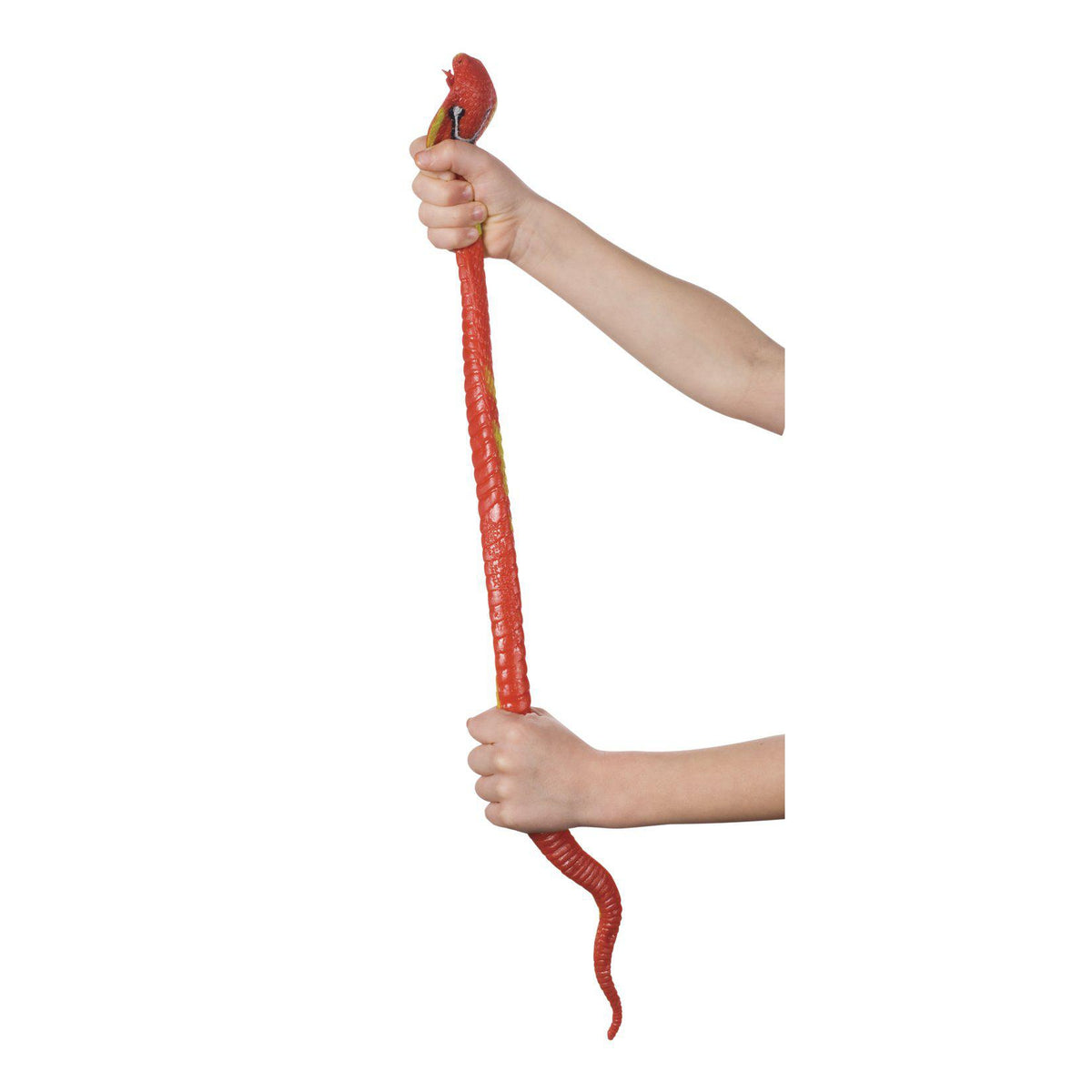 Front view of a person showing only their hands and forearms stretching out a red Squishy Snake.