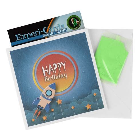 Spaceship with planets and stars card, with experiment showing
