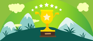 Illustration on a green background. A golden trophy with a star sits atop a mountain.