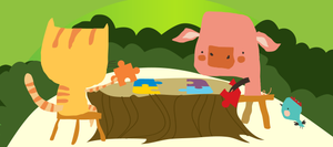 Illustration on green background, a cat and a pig sit at a stump-table and assemble jigsaw pieces.