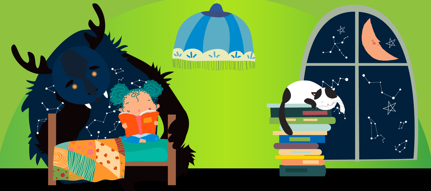 Illustration: on a green background, little girl reads to a monster at the foot of her bed, while a cat naps by the window on a stack of books