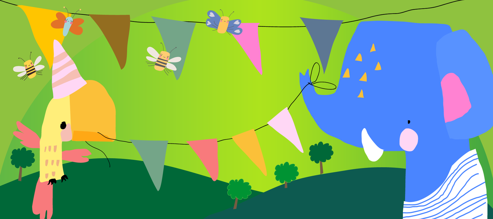 Illustration on a green background. A parrot and an elephant hang celebratory pendant strings.