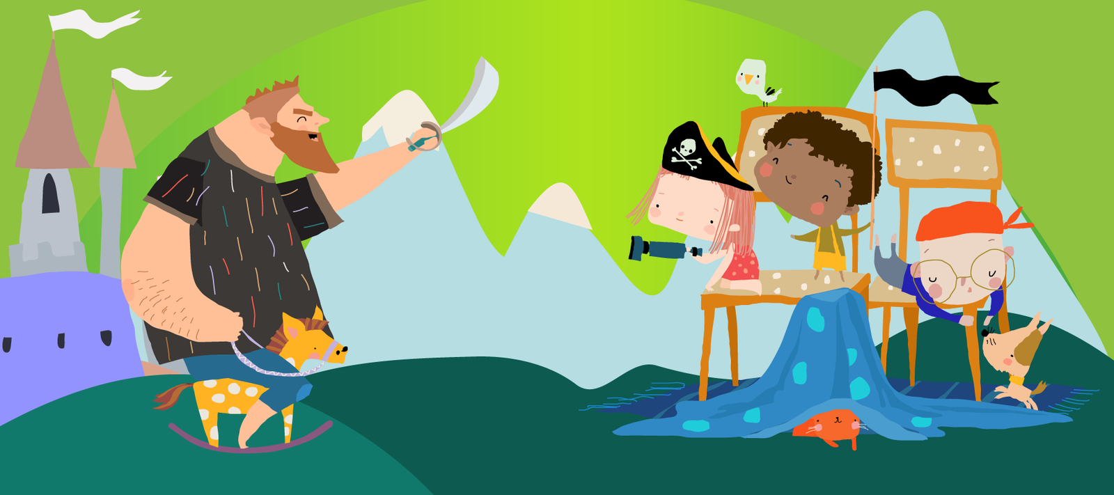 Illustration on a green background. A large bearded man wielding a sword, rides a tiny rocking horse with a purple castle in the distance. On the right, kids pile up chairs to create an imaginary pirate ship.