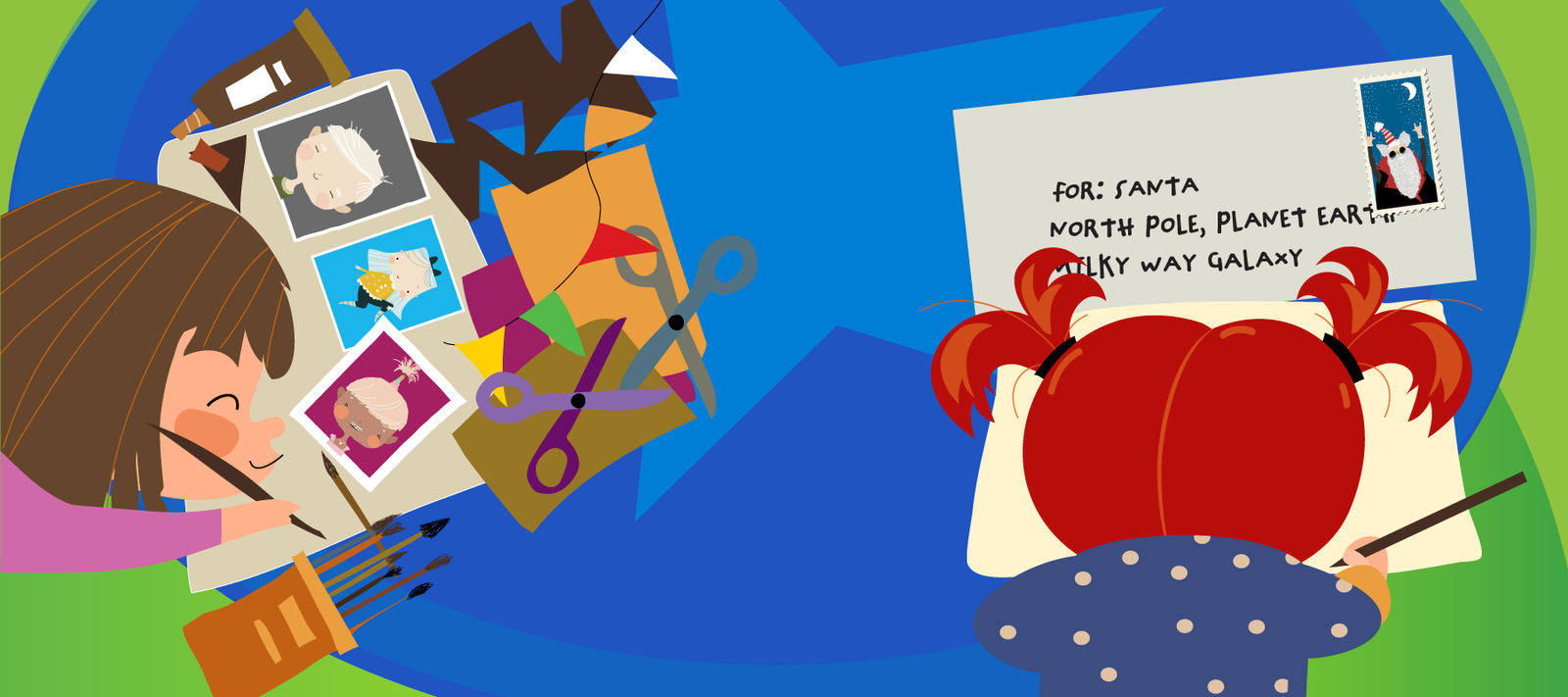 illustration on a green background. Two children with paper, pens and scissors strewn around, write in their journals.