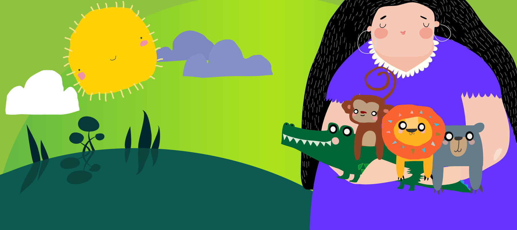 Illustration on a green background. A woman in a purple dress holds an armful of stuffed animals (crocodile, monkey, lion, bear) while the sun shines in the background.