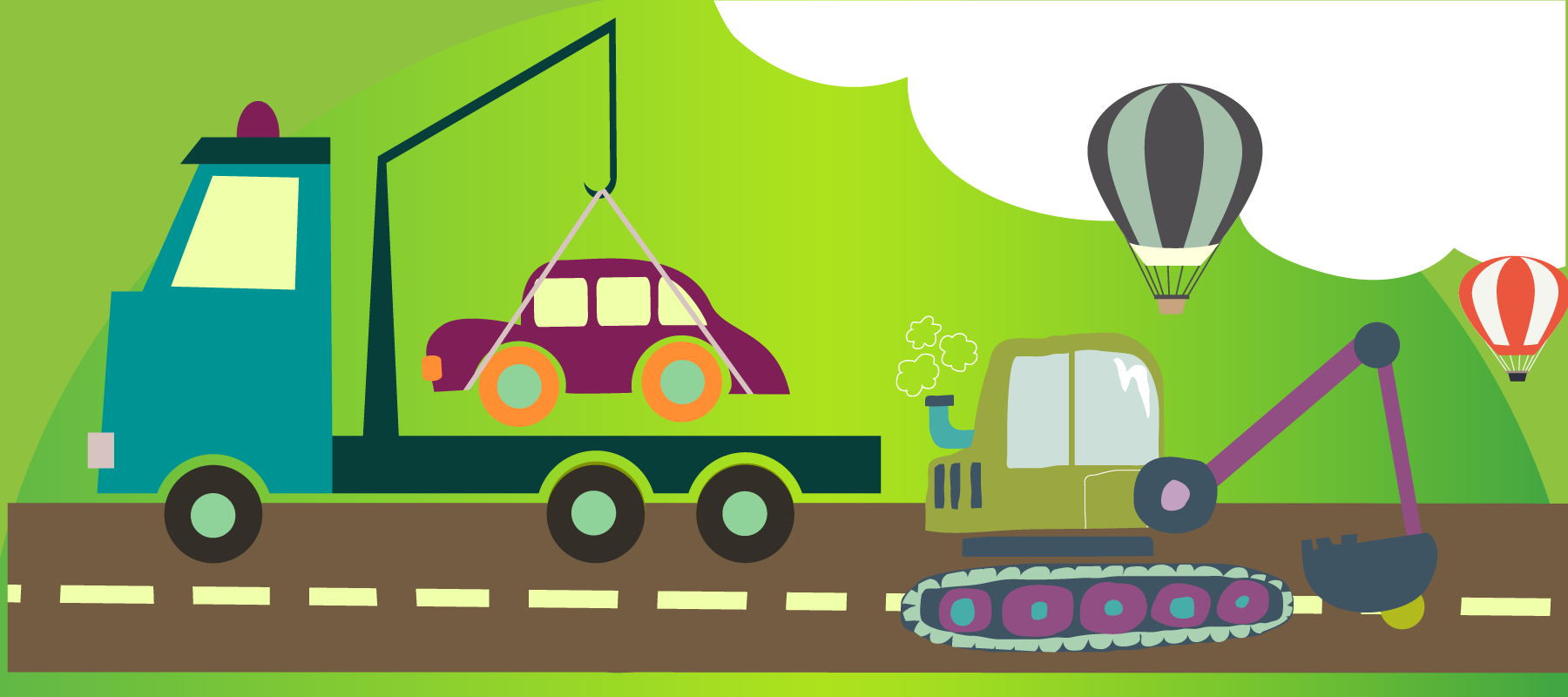 Illustration on a green background. On a two-lane road, a tow truck carrying a car travels one direction, and a shovel truck drives the other, while two hot air balloons float in the sky above.