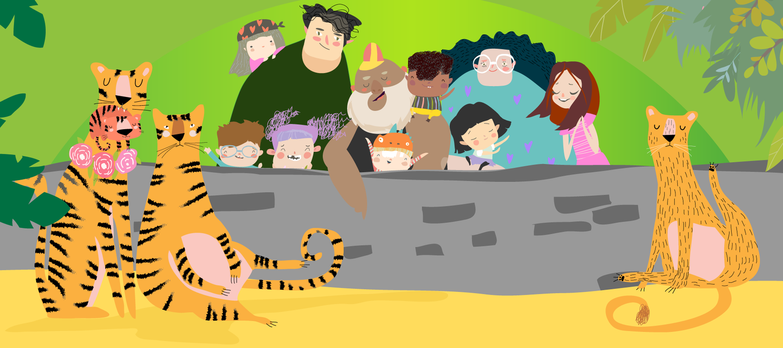 A group of tigers including a baby sit to the right, a lion sits to the left. a group representing all ages and ethnicities look over the wall at the cats.