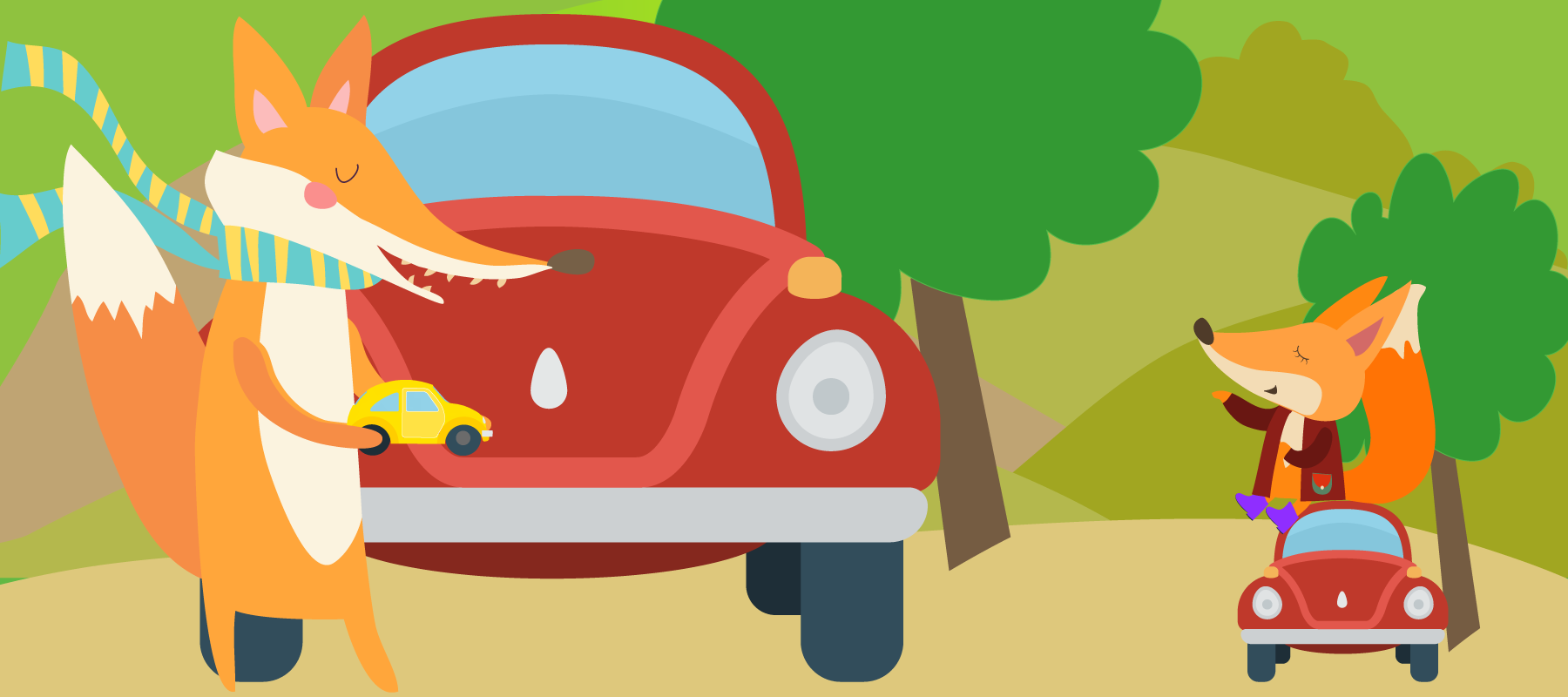 ILLUSTRATION: A Grown up fox stands in front of a red car, a child fox sits on a mini version of the car, the grown up fox holds an even tinier version of the car.