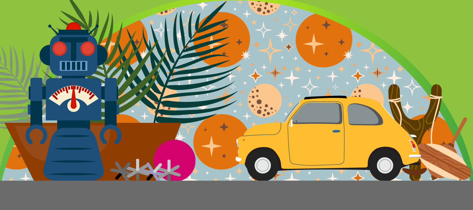 Illustration: Retro wallpaper in background, on a shelf, a robot, jax game, vintage car, slingshot, top