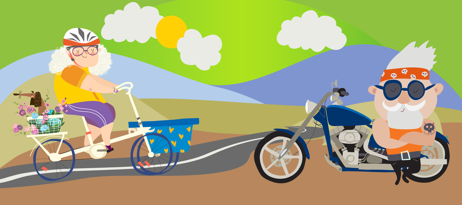 Illustration: Against a background of mountains and a road resceeding into the background, a white haired woman rides her bike and a white haired man leans against his motorcycle 