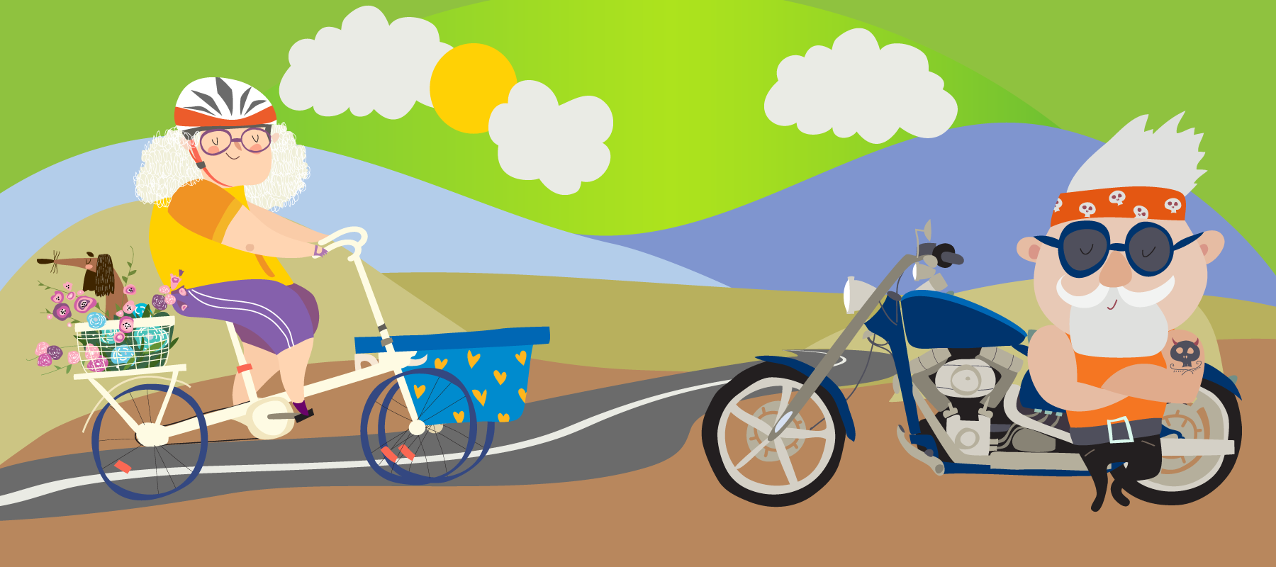 Illustration: Against a background of mountains and a road resceeding into the background, a white haired woman rides her bike and a white haired man leans against his motorcycle 