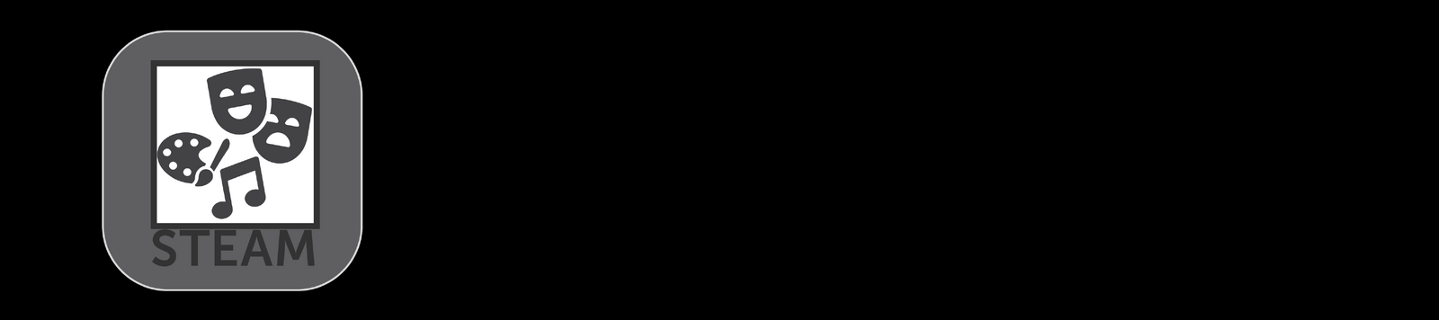 This graphic icon depicts two theatrical masks, a paintbrush and palette, and a musical note. The word STEAM is below the box that contains those images.