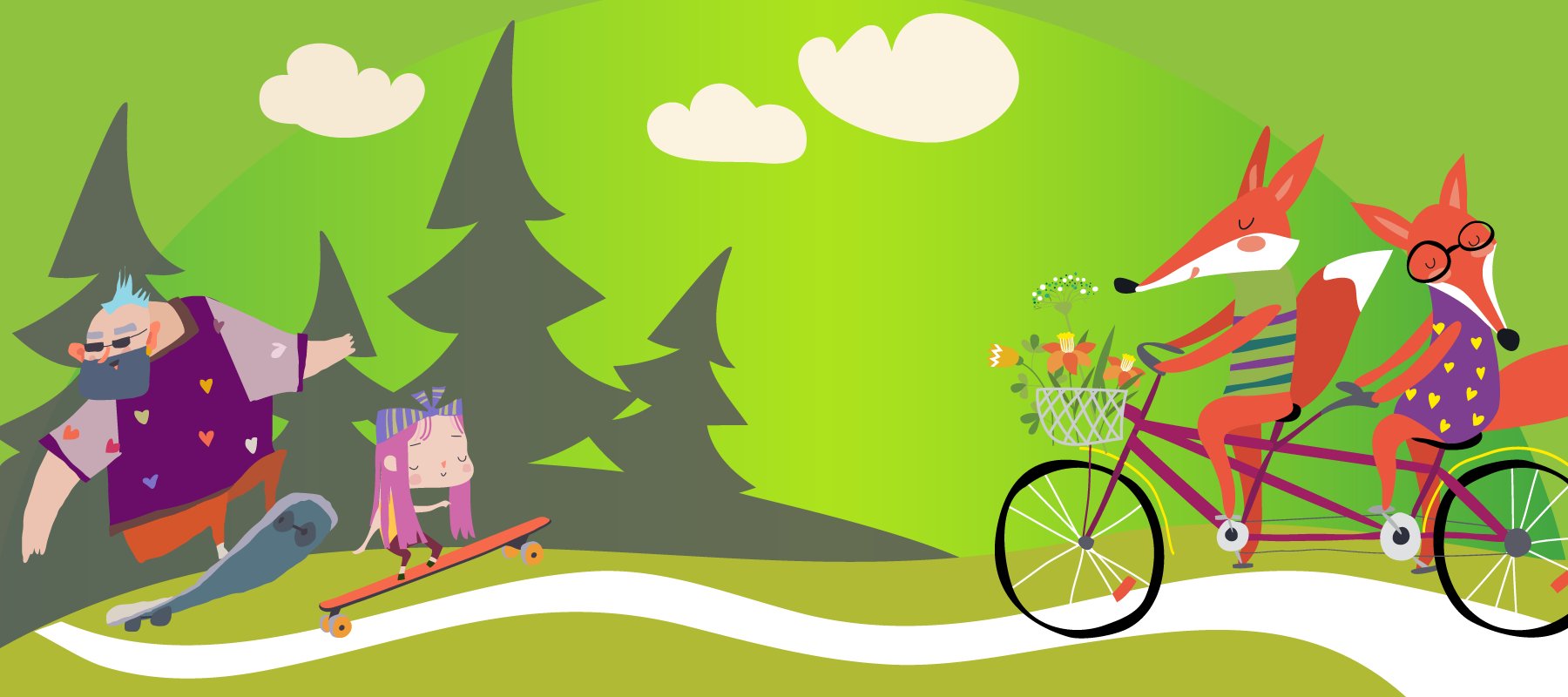 Illustration against a green background of two foxes riding a bicycle on the right, and two skateboarders on the left.